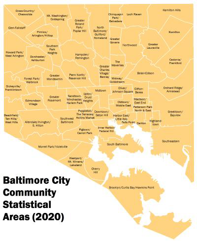 Baltimore City Community Statistical Areas (2020) reference map